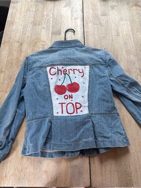 Upcycled and Hand Painted Light Blue Denim Jacket with Cherry Graphic